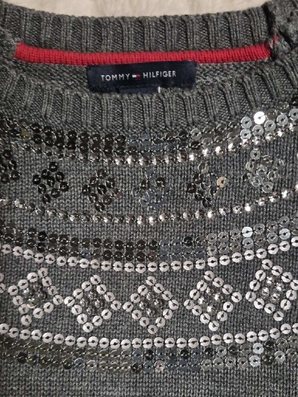 Tommy Hilfiger Charcoal Gray Sequin Yoke Crewneck Sweater - Picture 3 of 4